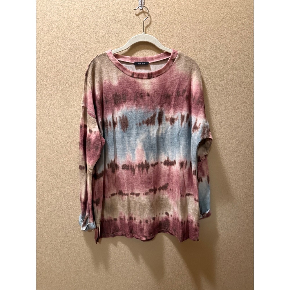 Win Win Women Large Tie Dye Long Sleeve Pullover Top Mauve Blue WTP11786